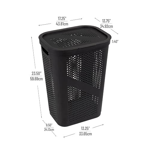 Mind Reader Slim Laundry Hamper with Lid, 60L Clothes Basket, Ventilated Plastic, Black thumbnail 3