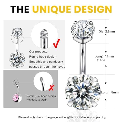 Wssxc 14G Hypoallergenic Surgical Steel Belly Button Ring Cubic Zirconia Belly Button Barbs Body Piercing Set 7Pcs thumbnail 2
