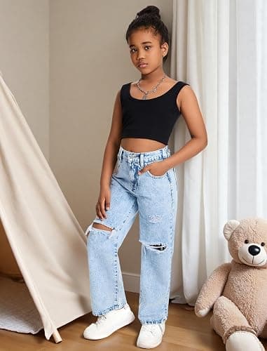 oyyniis Baggy Jeans for Girls Wide Leg Ripped High Elastic Waisted Denim Pants Cute Summer Trousers Y2K Streetwear 7-14Y - A1-ripped Light Blue - 9-10 Years thumbnail 4