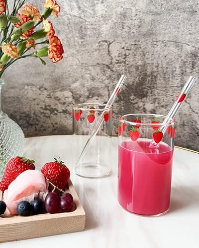 Kreapa Cute Strawberry Pattern Glass Cups - 2 Sets of 300ML Straw Glass Cups for Water, Milk, Tea, Coffee, Juice thumbnail 4