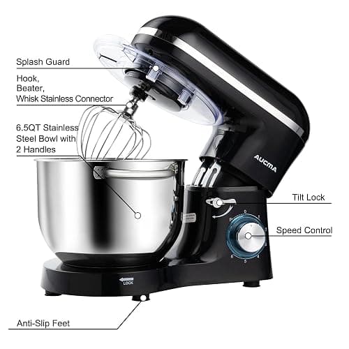 Aucma Stand Mixer,6.5-QT 660W 6-Speed Tilt-Head Food Mixer, Kitchen Electric Mixer with Dough Hook, Wire Whip & Beater (6.5QT, Black) thumbnail 4