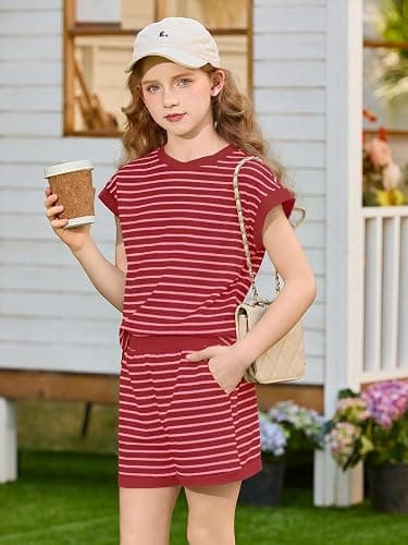 Haloumoning Girls 2 Piece Lounge Set Kids Striped Knit Short Sleeve T-Shirts Elastic Waist Shorts Casual Summer Clothing Sets thumbnail 4