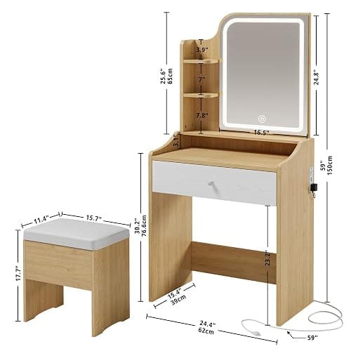 LIKIMIO Small Makeup Vanity Desk with Mirror and Lights, Vanity Table Set with Storage Drawer, Chair and Three Shelves, Bedroom, Wood thumbnail 2