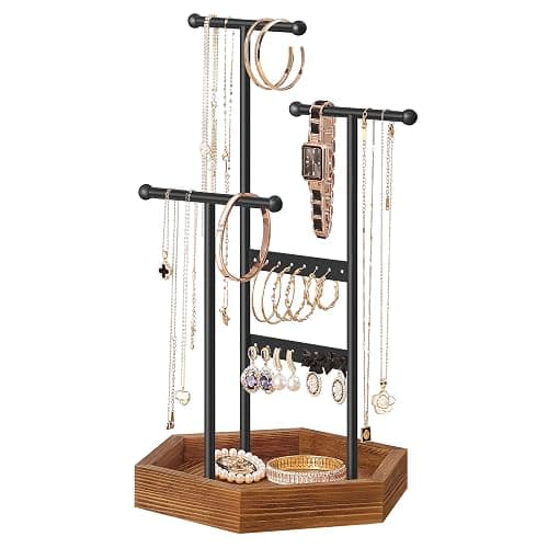 SONGMICS Jewelry Holder, Jewelry Organizer, 3 Tiers and 1 Tray, Jewelry Display Stand with Metal Frame, Necklace Earring Bracelet Holder, for Rings, Christmas Gift, Ink Black and Caramel Brown - Image 1