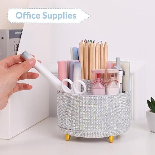 SKYDUE 360 Degree Rotating Desk Organizer, Shining Dual-Purpose Rhinestone Pencil Pen Holder, Rotating Desk Pen Organizer with 5 Slots, Rhinestone Pencil Cup for Office, School, Home thumbnail 2