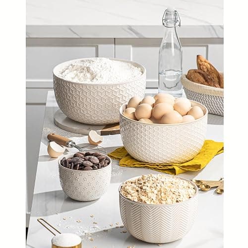 MIKIGEY Ceramic Mixing Bowls, Embossed Nesting Bowls Set of 4, Mixing Bowl Set for Serving, Baking, Cooking and Gift, Microwave and Dishwasher Safe, 20/47/99/148 oz, Off-White thumbnail 6