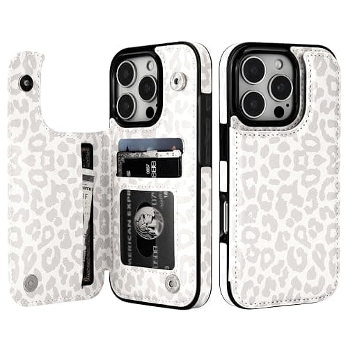 HAOPINSH Wallet Case with Card Holder for iPhone 16 Pro,White Leopard | Back Flip Folio Kickstand ,PU Leather Card Slots Case Wallet for Women Men Girls, Double Magnetic Clasp Shockproof Cover 6.3" - Image 1