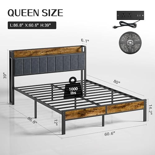 Liians Queen Bed Frame with Headboard, Metal Platform Bed with Smart LED Lights and USB Charging Station, Easy Assembly, No Box Spring Needed thumbnail 2