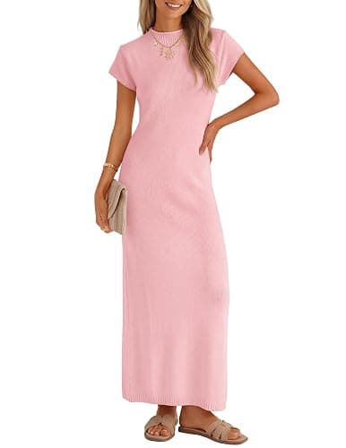 ZESICA Womens Spring Casual Bodycon Maxi Dress 2026 Summer Business Casual Short Sleeve Crewneck Knit Slit Vacation Dresses - Image 1