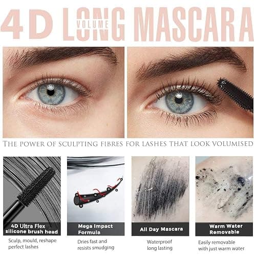 4D Silk Fiber Lash Mascara- Waterproof Mascara Black Volume and Length, Easily to Create Amazing Lashes for Thicker, Long Lasting and Curly Eyelashes thumbnail 4