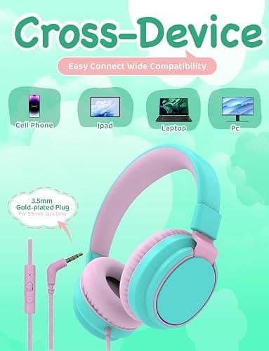 MIDOLA Kids Headphone Wired Volume Limited 85/94dB Over-Ear/On-Ear Foldable Headset with Microphone Hearing Protection Headphones for Toddler Boy Girl Child School Learning Pad Tablet Cyan thumbnail 5