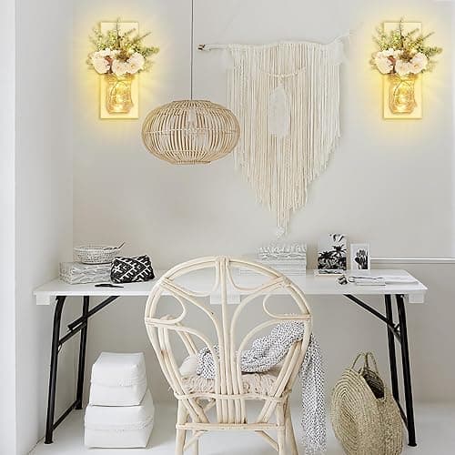 Rustic Wall Sconces Mason Jar Sconces Handmade Wall Art Hanging Design with Remote Control LED Fairy Lights and White Peony, Christmas Decor Gifts Farmhouse Home Decor Living Room Lights Set of Two thumbnail 6