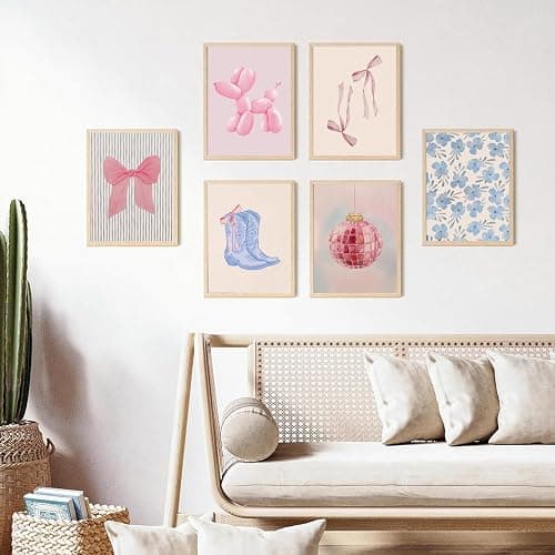 Blue and Pink Preppy Poster Set of 6 Cute Coquette Bow Boots Wall Art Aesthetic Coastal Wall Art, Trendy Girls Dorm Decor Cute Pink Bows Wall Decor for Bedroom Living Room Unframed 8x10 Inch thumbnail 5