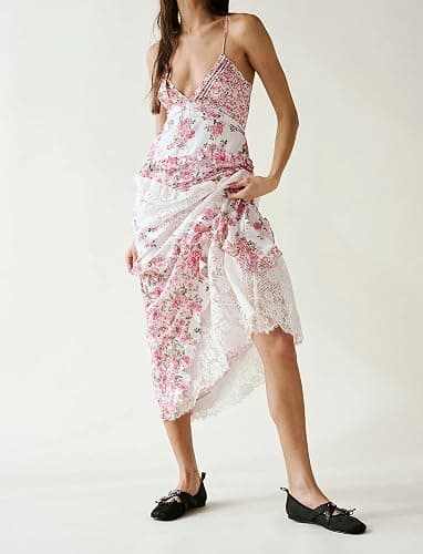 Women Spaghetti Strap Boho Maxi Dress Lace Patchwork Vacation Long Dress Summer Smocked Flowy Beach Sundresses thumbnail 3