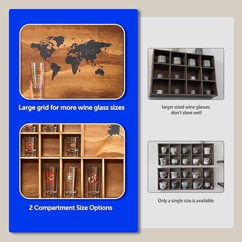 Tristcily Large Shot Glass Display Case with World Map,60 Slots, 34 X 26 Inch Rustic Wood Shot Glass Display Cabinet for 2 Size -In Rooms Bars Wine Cellars with Shot Glasses Jewelry Shell & Keepsakes thumbnail 5
