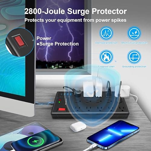 Surge Protector Power Strip 15 ft cord-15 Widely Spaced Outlets and 4 USB Ports(1 USB C Port),14 AWG Extension Cord,1875W/15A Heavy Duty Power Strip Surge Protector 15 ft Cord,2800J,Black thumbnail 5