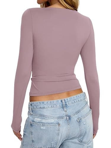 EasyGala Womens Boat Neck Long Sleeve Shirts Ruched Double Lined Top Fitted Basic Tight Tee Spring Fall Clothes 2025 thumbnail 5