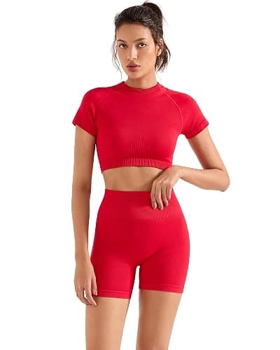 SUUKSESS Women 2 Piece Workout Sets Hidden Scrunch Butt Lifting Biker Shorts Short Sleeve Crop Tops thumbnail 2