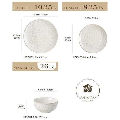 MALACASA 24 Piece Dinnerware Set, Embossed Ceramic Dish Sets Service for 8, Plates and Bowls Set, Durable Stoneware Tableware for Family Dinners, Dishwasher & Microwave Safe thumbnail 3