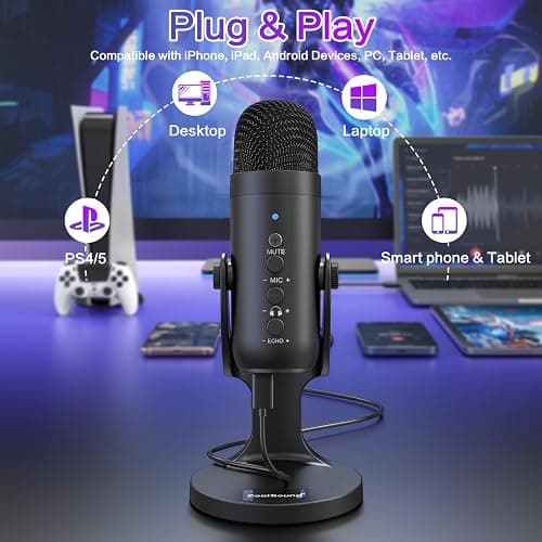zealsound USB Microphone, PC Phone Podcast Mic, Condenser Gaming microphones for PS4&5, W/Quick Mute, Echo/Gain knob, Plug & Play for Streaming, Vocal Recording, ASMR, YouTube,Twitch on Mac Windows thumbnail 2