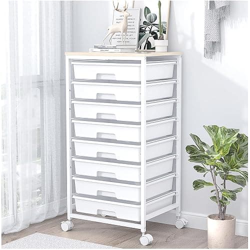 SYKIARIOL Rolling Storage Cart with Drawers,Utility Cart With 8 Drawers and Wooden Tabletop,Rolling Drawer Cart,Storage Drawer Cart for Living Room,Classroom,Bedroom,Bathroom,Dorm,Office,White - Image 1