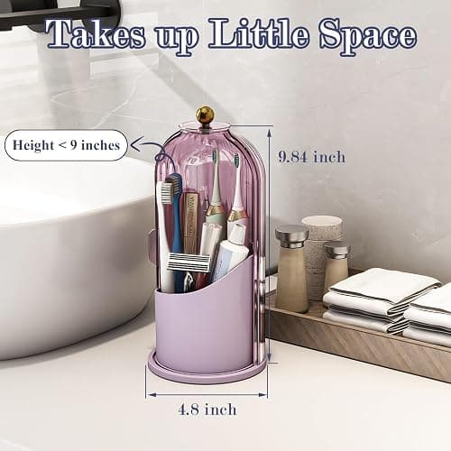 Zufudo Dustproof Toothbrush Holders with Cover, Rotating Electric Toothbrush and Toothpaste Holder for Bathroom Countertop, 3 Slots Makeup Brushes Organizer, All Pink thumbnail 6