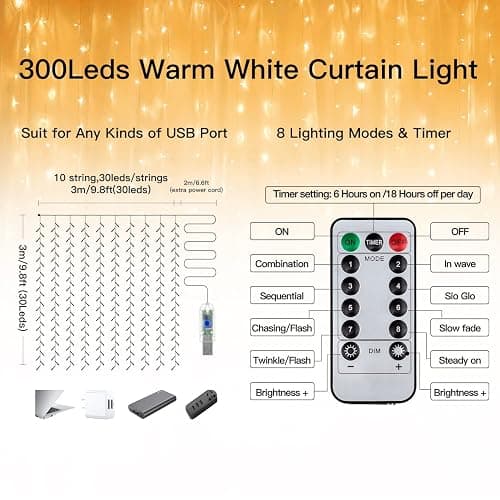 Ollny Christmas Curtain Lights 300 LED 9.8 FTx9.8 FT, Outdoor Waterproof Curtain String Lights with Remote Timer 8 Modes, USB Waterfall Window Lights for Wall Backdrop Home Decorations (Warm White) thumbnail 8