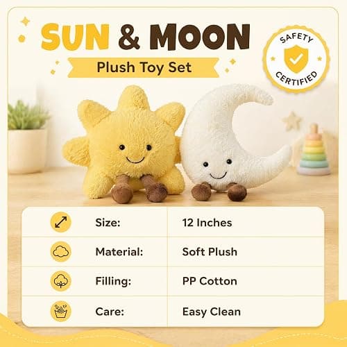 Malvjun Sun and Moon Plush Toy | 12'' Soft Smiling Stuffed Plushie Toys, Cute Decorative Throw Pillows for Kids Bedroom, Children's Birthday Holiday Gift Set thumbnail 6