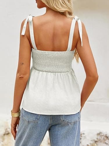 Tankaneo Womens Babydoll Tops Summer Tie Strap Peplum Tops Cute Tank Tops | Casual, Square Neck, Flowy Hem, Backless Top, Vacation Outfits thumbnail 3