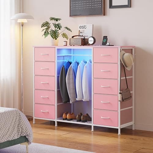 LUMTOK 2-in-1 Dresser with Hanging Rack, 10 Drawers Dresser for Bedroom,Dressers with Fabric Drawers,LED Lights, Charging Station and Hanging Racks for Bedroom (Pink) thumbnail 3
