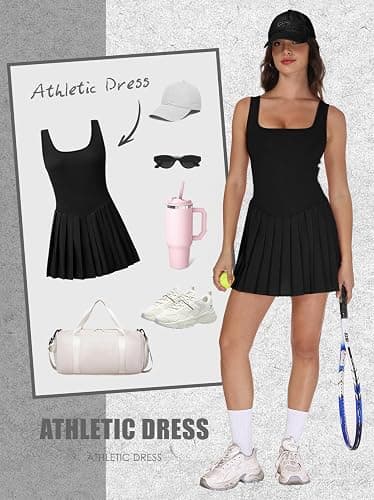 Athletic Dress for Women Built in Shorts U Neck Womens Tennis Dress Pleated with Pockets Sleeveless Golf Clothes thumbnail 4