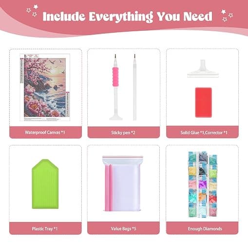 QENSPE Diamond Painting Art Kits for Adults, 5D DIY Sunset Seaside Diamond Art Round Full Drill Kits for Beginners, Pink Flowers Gem Peinture Diamant Craft Home Wall Decor Gift 30x40cm thumbnail 5