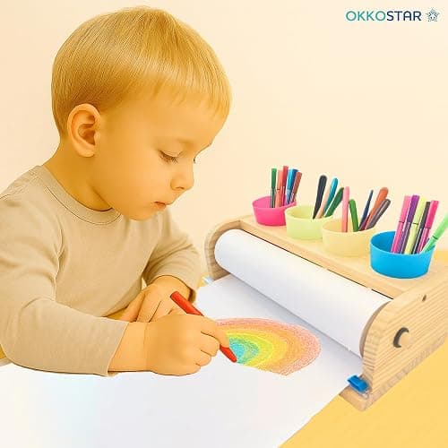 Wooden Tabletop Paper Roll Dispenser with Safety Sliding Cutter - Kids Art Easel with Roll of Paper (11.4”x 98.4ft)- Pencil Cups and Drawing Kit 30 Piece Set (Safety Sliding Cutter) thumbnail 2