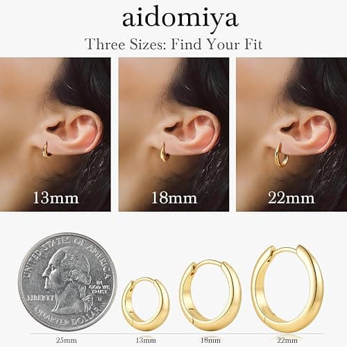 Aidomiya Gold Hoop Earrings for Women 14K Gold Earrings for Women | Chunky Gold Hoop Earrings Small Hypoallergenic Lightweight 14K Gold Hoop Earrings Gold Huggie Hoops Earrings 13/18/22mm thumbnail 5