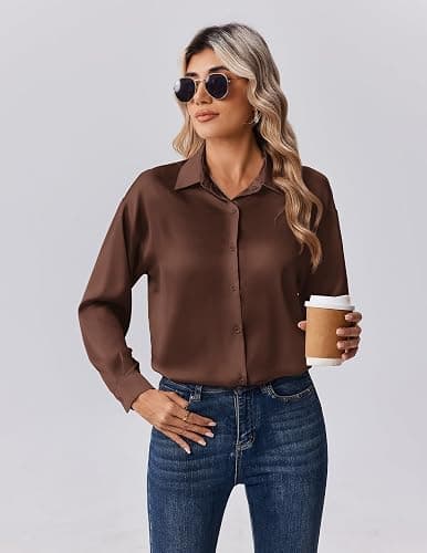 Zeagoo Womens Tops Long Sleeve Satin Silk Button Down Shirts Casual Business Dressy Blouses Fall Clothes thumbnail 3