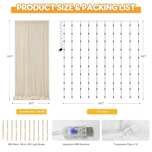 Fomcet Champagne Backdrop Curtains with Lights String 10X10FT Polyester Fabric & Tulle Curtains Backdrop Drapes for Back Drop Photoshoot Baby Shower Birthday Party Decor 2 Panels 5x10FT thumbnail 3