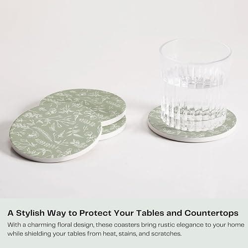 Hoomey Set of 6 Floral Sage Green Coasters with Holder, Absorbent Ceramic Drink Coasters with Cork Backing for Table Protection, Coffee Table Décor thumbnail 2