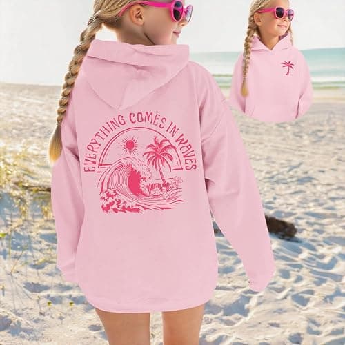 KIEKIECOO Girls Palm Graphic Hoodie Beach Cute Hoodies With Pocket Kids Preppy Sweatshirt Ocean Pullover Long Sleeve Top thumbnail 3