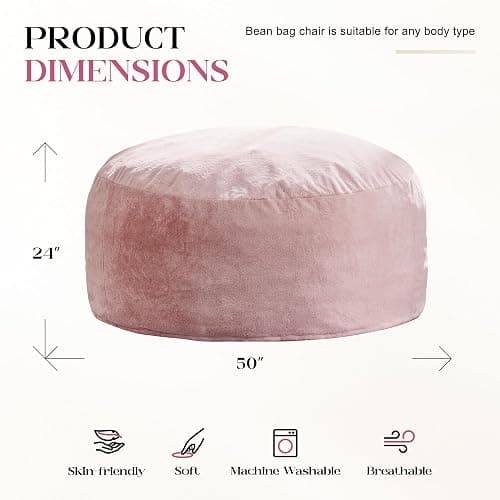 Hobestluk Bean Bag Chairs Giant Beanbag Chair with Filler, Memory Foam Bean Bags with Fluffy & Machine Washable Cover, Bean Bag Chairs for Aduts for Living Room, Bedroom (Pink, 5FT - 50” x 50” x 24”) thumbnail 2