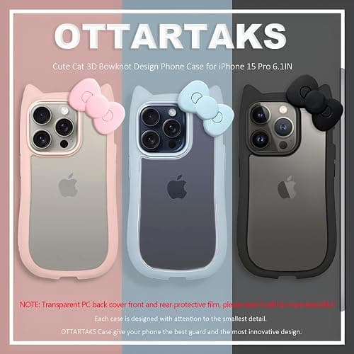 OTTARTAKS Compatible with iPhone 15 Pro Case Cute 3D Bow for Women Girls, Kawii Cat Ear Kitty Design Soft Silicone and Clear Hard Shockproof Black Phone Case for iPhone 15 Pro 6.1inch thumbnail 6