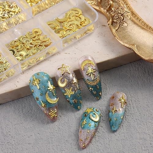 Gold Nail Charms, 2Boxes Gold Star Ocean Nail Gems Charms, Metal Small Star Moon Seashell Starfish Summer Charms for Acrylic Nail Art Alloy Nail Rhinestones for Women DIY Accessories thumbnail 8
