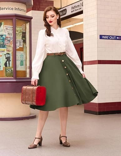 Belle Poque Women's Vintage Stretch High Waist A-Line Flared Midi Skirts with Pockets & Belts thumbnail 3