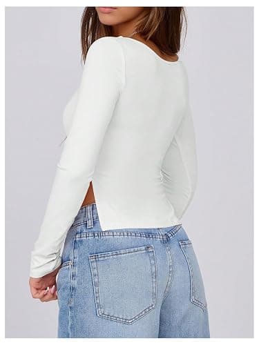 Verdusa Women's Y2K Long Sleeve Crop Tops Ruched Sweetheart Neck Side Slit Fitted T Shirts thumbnail 2