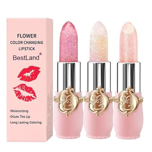 BestLand 3 Pcs/Set Flower Jelly Lipstick Set Temperature Change Moisturizer Long Lasting Nutritious Glossy Shine Lip Balm Magic Gold Crystal PH Color Change Lip Gloss for Women - Image 1