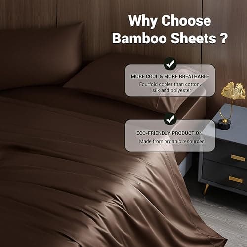 Shilucheng 4 Piece Queen Sheet Sets, Cooling Sheets, Blend Rayon Derived from Bamboo, Deep Pocket Up to 16", Breathable & Soft Bed Sheets, Hotel Silky Bedding Set, Brown thumbnail 5
