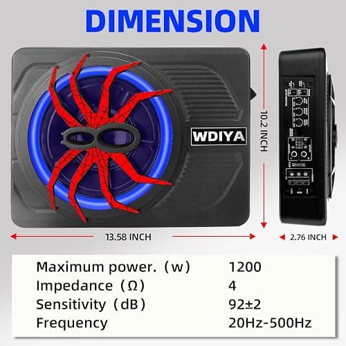 WDiYA Upgraded 10" 1200W Slim Under Seat Powered Car Subwoofer with Built-in Amplifier - Low Profile Bass Sub for Car & Truck Audio - Includes Wiring Kit & LED Ambient Lights thumbnail 9