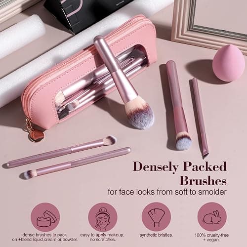 BS-MALL 14 Pcs Makeup Brushes Set with 1 Pcs Makeup Sponge – Essential Foundation Powder Concealers, Eye Shadows, Blush Makeup Brushes with Travel Makeup Case (Matte Gold Pink) thumbnail 4