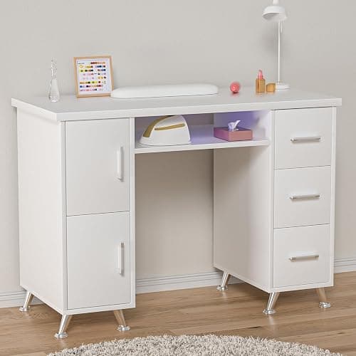 White Nail Desk for Nail Tech,Acetone-Resistant Manicure Table Nail Tech Desk with Drawers Nail Tech Table Station Storage Cabinet, Open Drawer, Wrist Pad, Metal Legs, for Beauty, Salon, Spa Makeup thumbnail 2