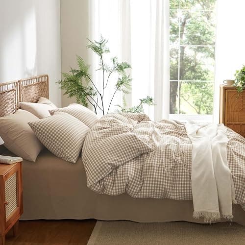 Nayoroom Gingham Duvet Cover Queen Size 100% Washed Cotton Brown Tan Plaid Checkered Comforter Cover 3 Pcs Soft Breathable Grid Farmhouse Dorm Bedding Set for All Seasons thumbnail 4