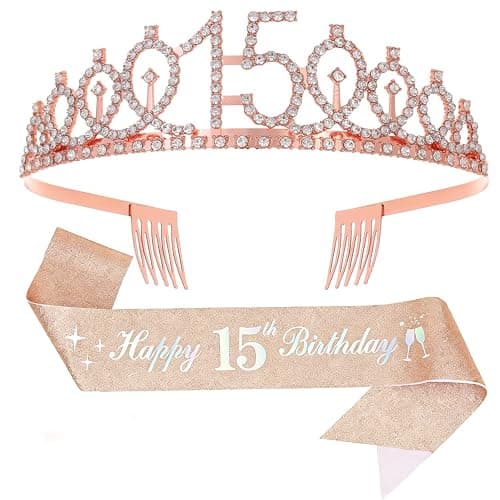 15th Birthday Decor for Girl,"Happy 15th Birthday" Sash & Crown for Party Supplies - Image 1